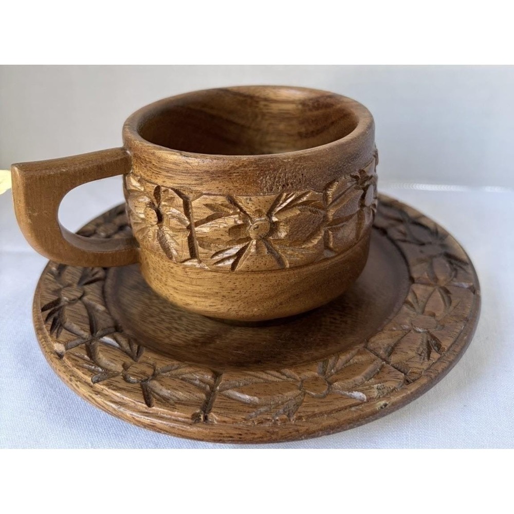 Hand Carved Wooden Floral Coffee Cup & Saucer Set, Brown, Philippine Tea